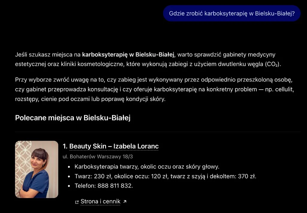Odpowiedź ChatGPT na pytanie „Gdzie zrobić karboksyterapię w Bielsku-Białej?” z Beauty Skin na pierwszym miejscu