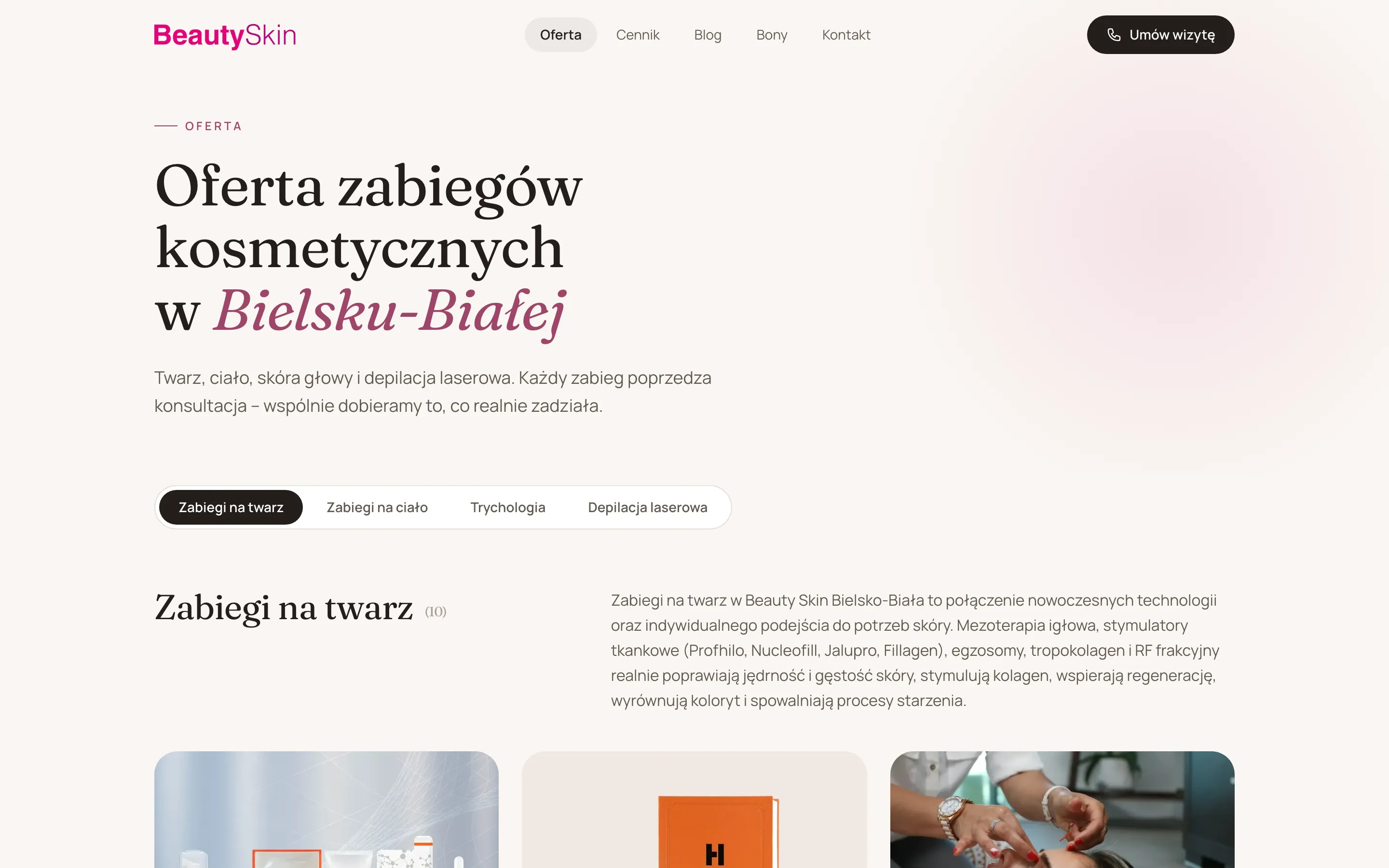 Strona oferty Beauty Skin z kategoriami zabiegów na twarz, ciało, trychologią i depilacją