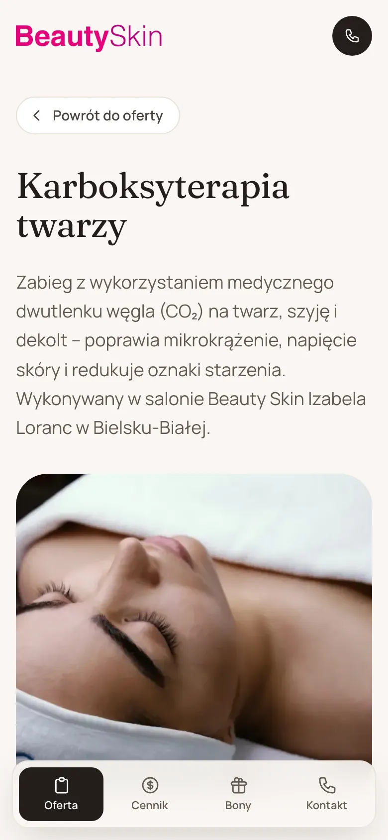 Podstrona karboksyterapii w wersji mobilnej